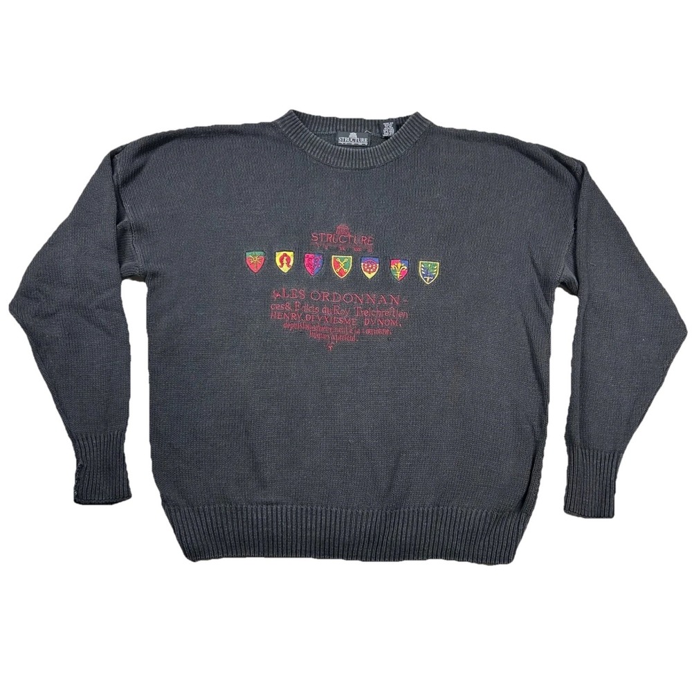Vintage Structure Sweater mens XL Embroidered Crests Latin Chunky Knit Ramie 90s